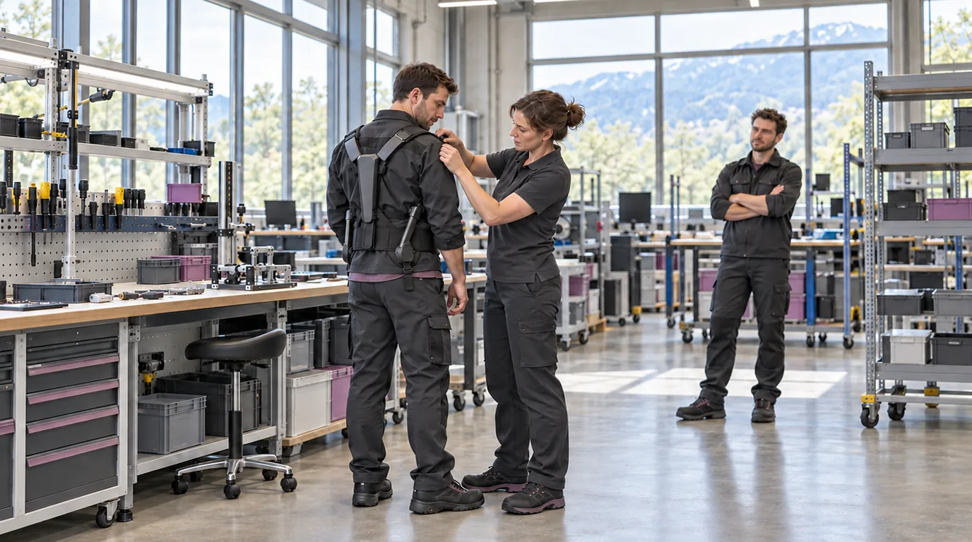 Physiothérapeute ajustant un exosquelette dorsal sur un opérateur volontaire à son poste de travail, lors d'un essai encadré en Suisse