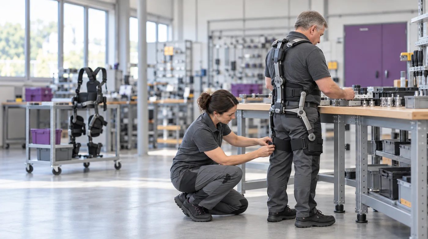 Choisir un exosquelette : le réglage comparatif au poste (NovaFree, Suisse) Réglage comparatif d'un exosquelette sur un opérateur par une physiothérapeute, étape clé du choix du bon modèle