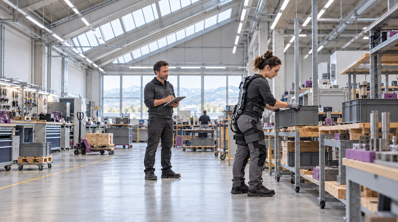Collaboratrice testant un exosquelette dos à son poste, accompagnée d'un conseiller NovaFree
