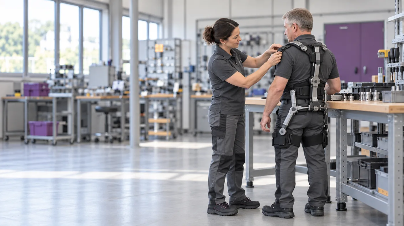 Exosquelette dos : réglage par une physiothérapeute (NovaFree) Réglage d'un exosquelette dorsal sur un opérateur par une physiothérapeute, avant l'essai au poste