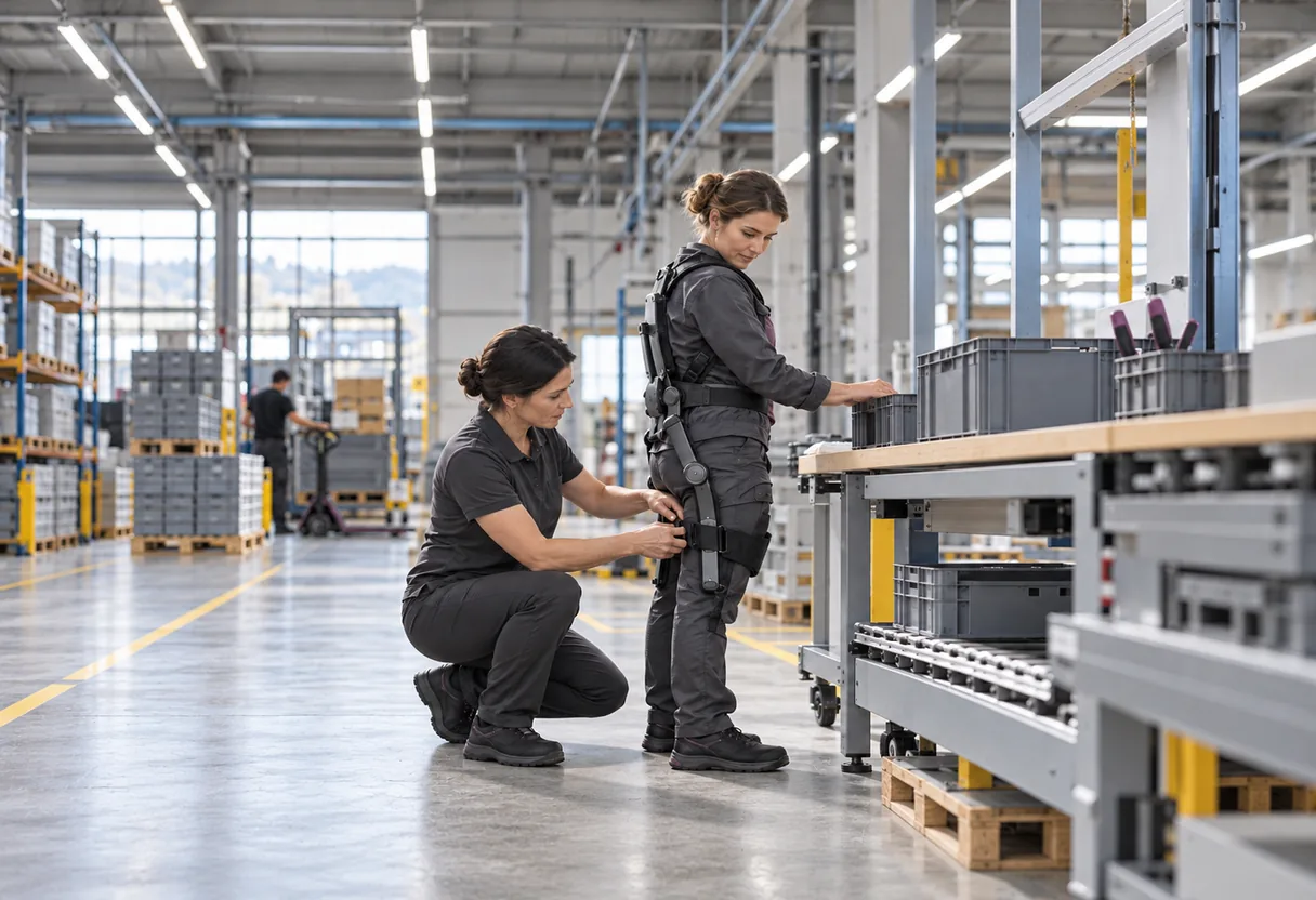 Réglage d'un exosquelette dos au poste : la sangle ajustée à la personne Physiothérapeute ajustant la sangle d'un exosquelette dos sur une collaboratrice, directement au poste de travail