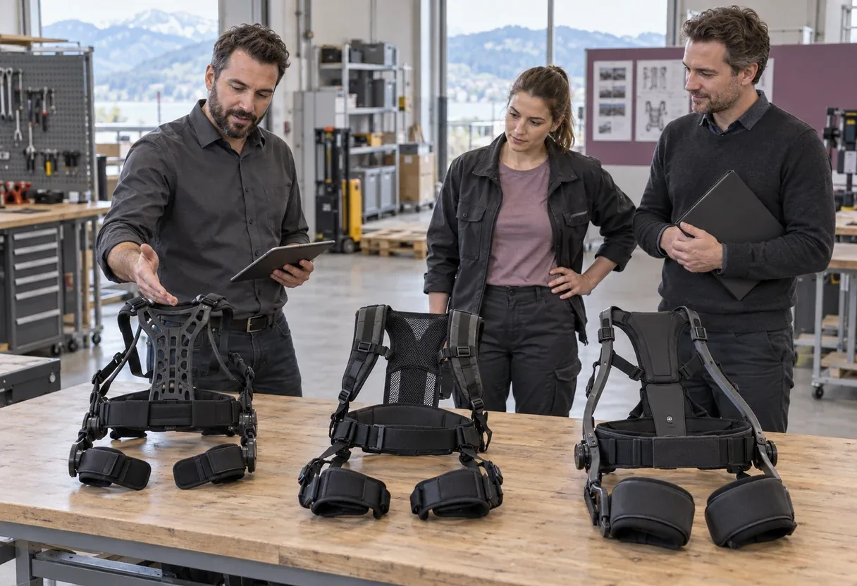 Mandat AI : l'essai d'exosquelette accompagné qui documente le dossier Conseiller présentant trois modèles d'exosquelette dorsal posés sur un établi à une opératrice et à un gestionnaire de cas, dans un atelier