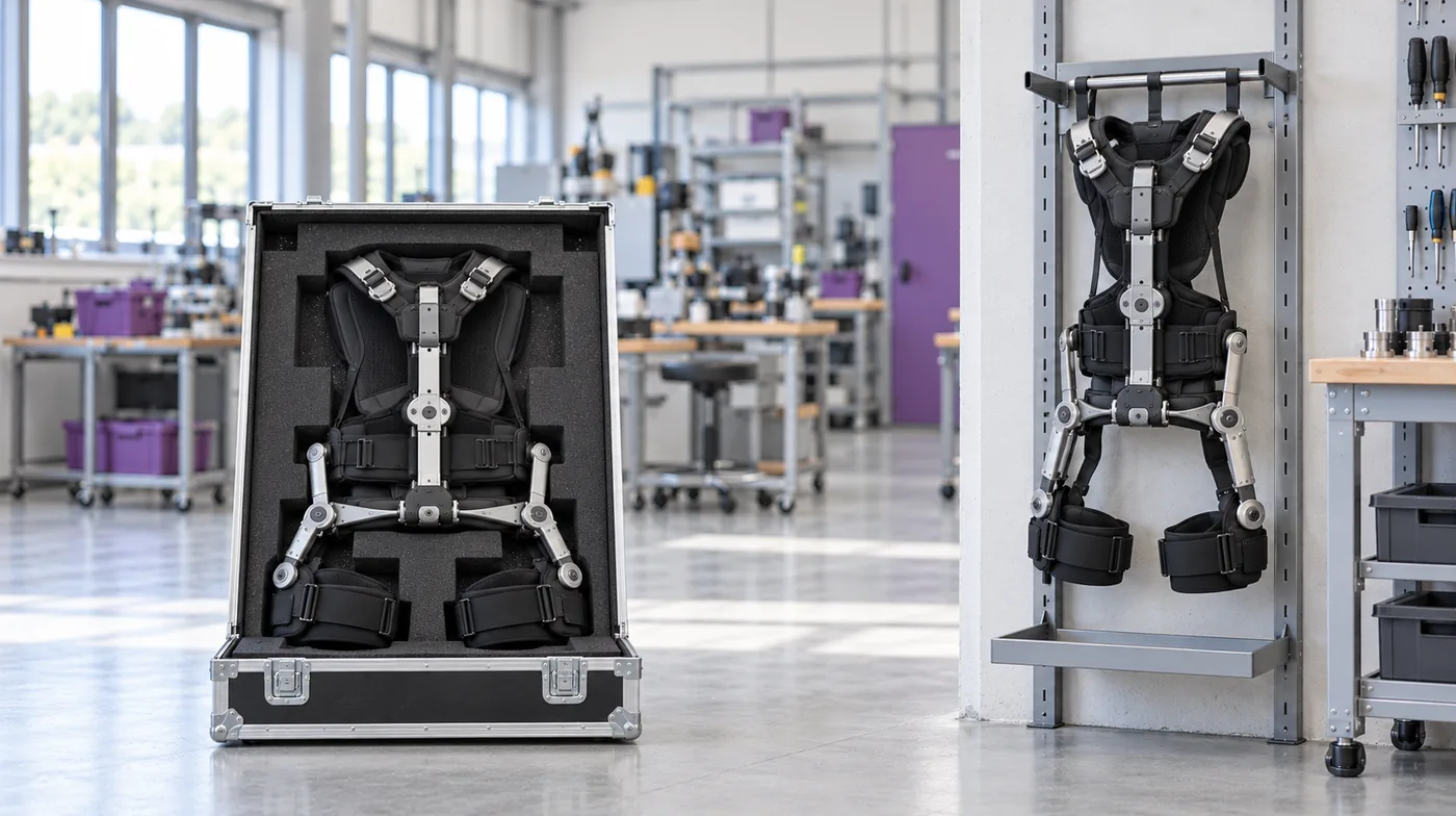 Location ou achat d'un exosquelette en entreprise (NovaFree) Exosquelette dorsal rangé dans sa valise de transport, à côté d'un second exemplaire suspendu à un support mural d'atelier