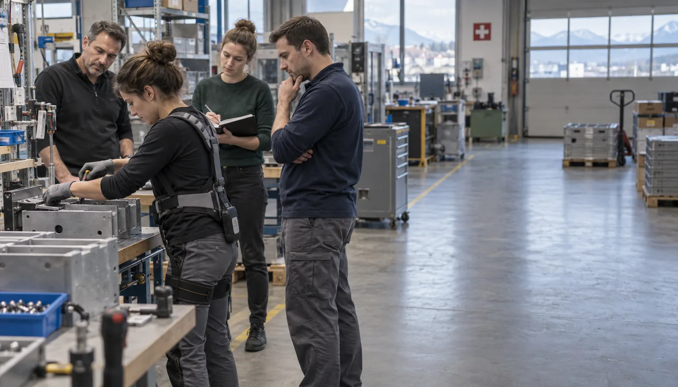 L'écosystème NovaFree au travail : essai accompagné avec les partenaires terrain Physiothérapeute, conseiller et collaborateurs réunis autour d'un essai d'exosquelette : l'écosystème de partenaires NovaFree sur le terrain