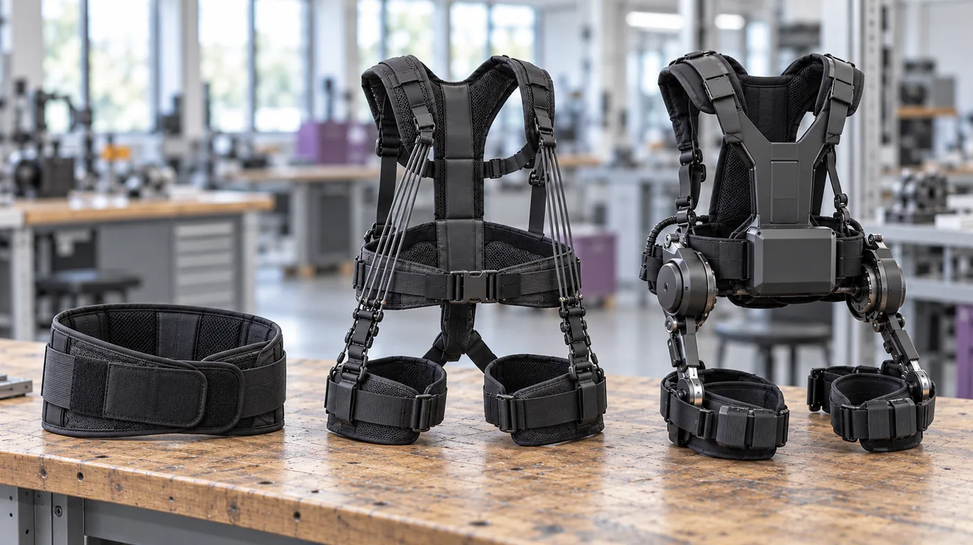 Prix d'un exosquelette professionnel en Suisse (NovaFree) Trois familles d'exosquelettes posées sur un établi : une ceinture lombaire, un modèle passif à élastiques et un modèle motorisé