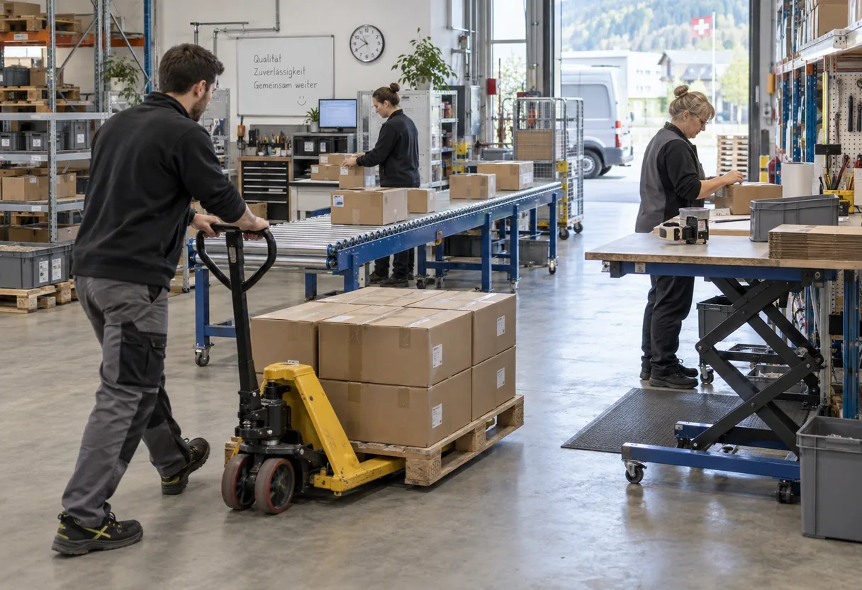 Aide mécanisée à la manutention : les quatre familles d'équipement Transpalette et convoyeur en usage dans un environnement de travail logistique