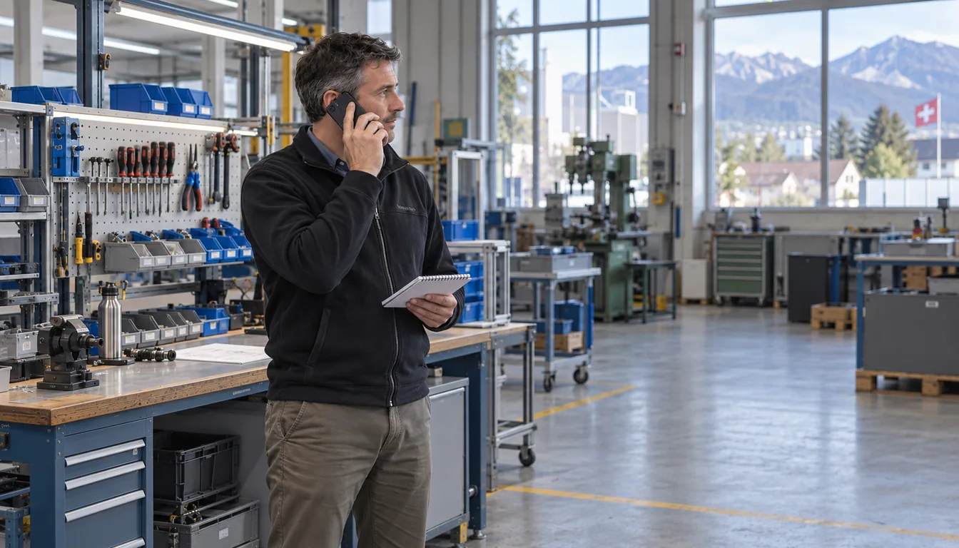 Contacter NovaFree : un échange avant toute proposition Conseiller NovaFree au téléphone devant un poste de travail d'atelier, carnet de relevé à la main