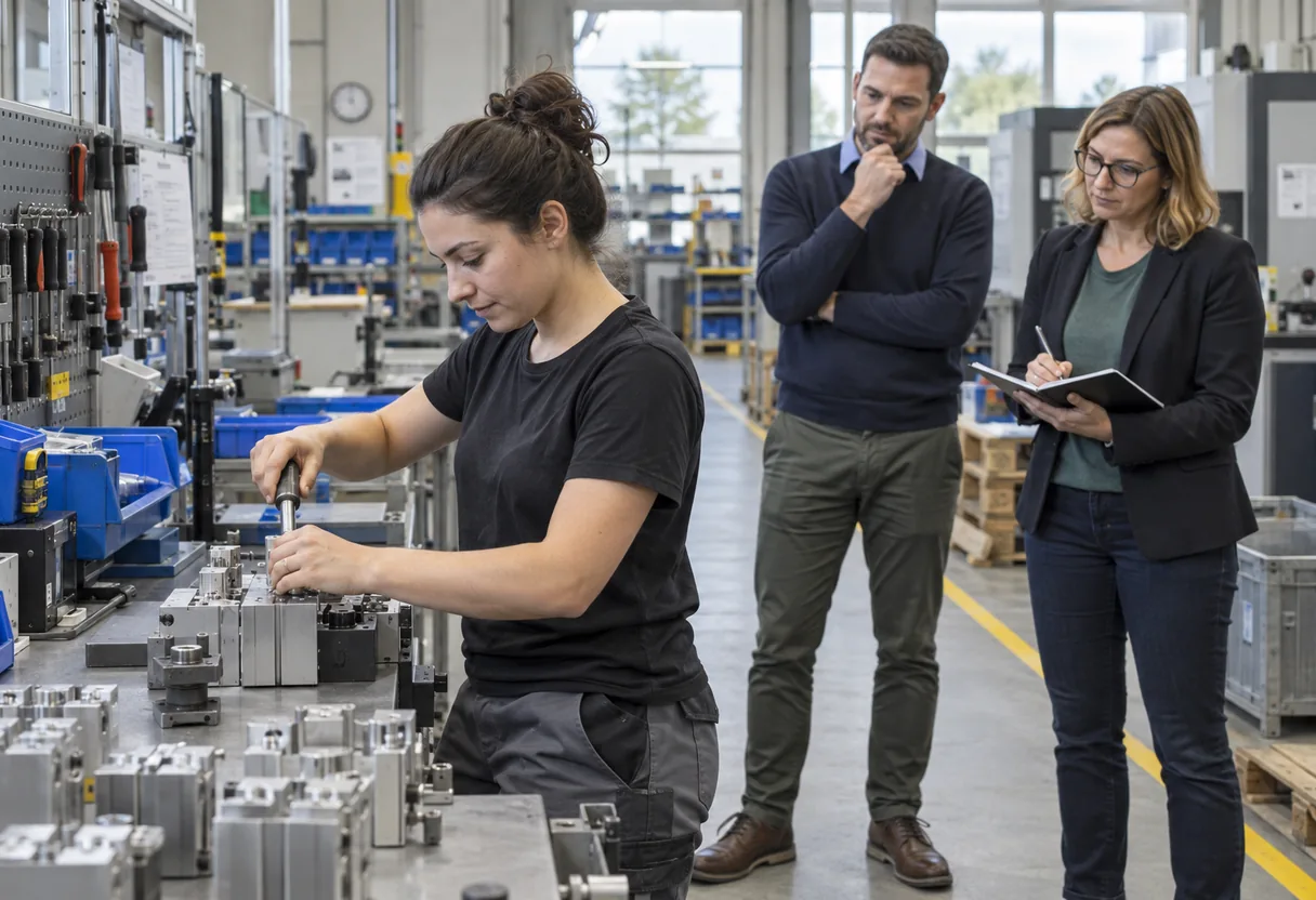 Conseiller en ergonomie et physiothérapeute observant le geste réel d'une collaboratrice dans son environnement de travail