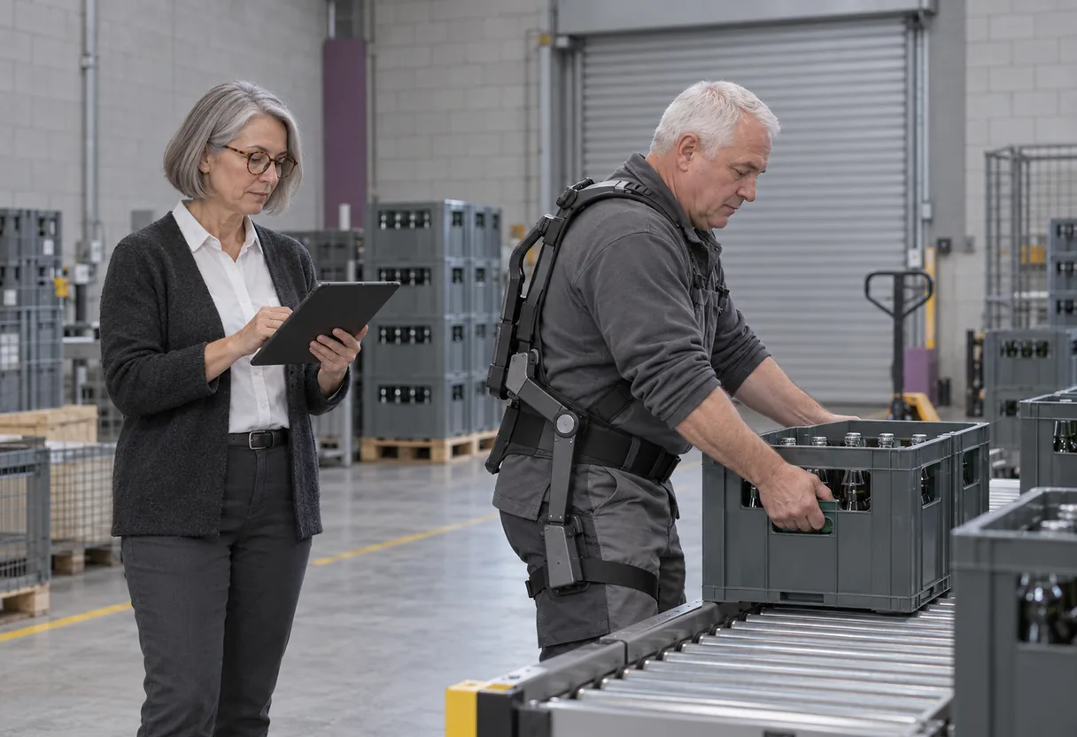 Relevé des contraintes d'un poste de travail, avant et pendant l'usage d'un exosquelette Conseillère en ergonomie relevant sur tablette les contraintes d'un poste de manutention, à côté d'un opérateur équipé
