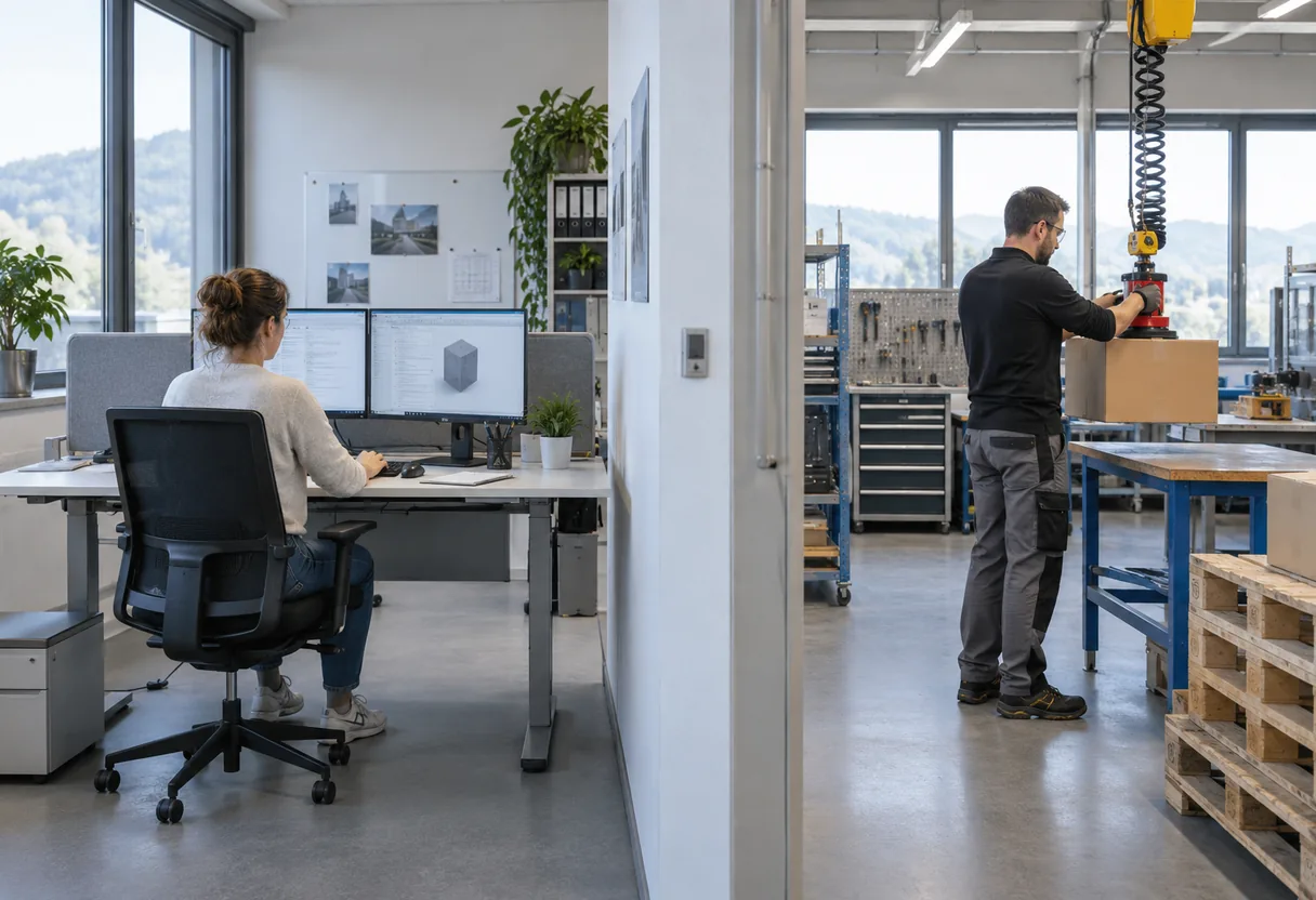 Deux environnements de travail côte à côte : un poste de bureau sur écran et un poste d'atelier avec manutention de charges