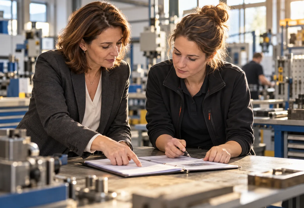 Les étapes d'une démarche AI vues depuis l'entreprise Responsable des ressources humaines et consultante en ergonomie réunies autour d'un dossier ouvert devant un poste de travail d'atelier