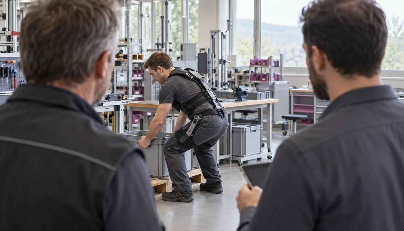 Responsable de production et conseiller NovaFree observant un opérateur équipé à son poste, avant de trancher entre deux familles d'exosquelettes