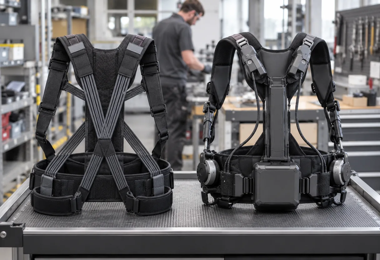 Actif et passif au bord du même poste : la comparaison se fait sur le geste Deux exosquelettes posés au bord d'un poste de travail, l'un avec sa batterie, l'autre avec ses élastiques, pendant qu'un opérateur travaille