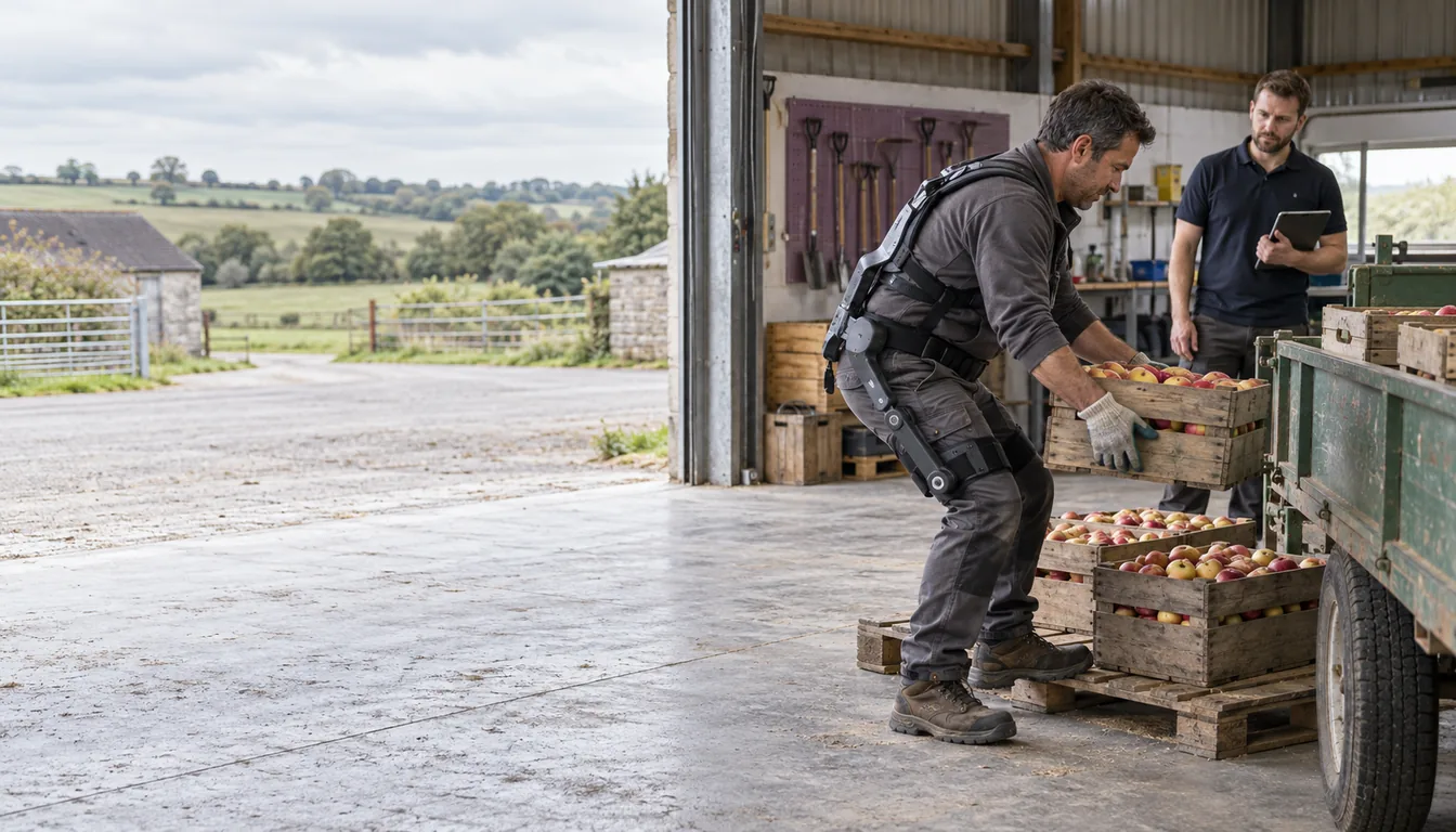 Exosquelette en agriculture : un essai observé dans un hangar de ferme (NovaFree) Exploitant agricole équipé d'un exosquelette de dos, chargeant une caisse de pommes dans un hangar, sous le regard d'un physiothérapeute