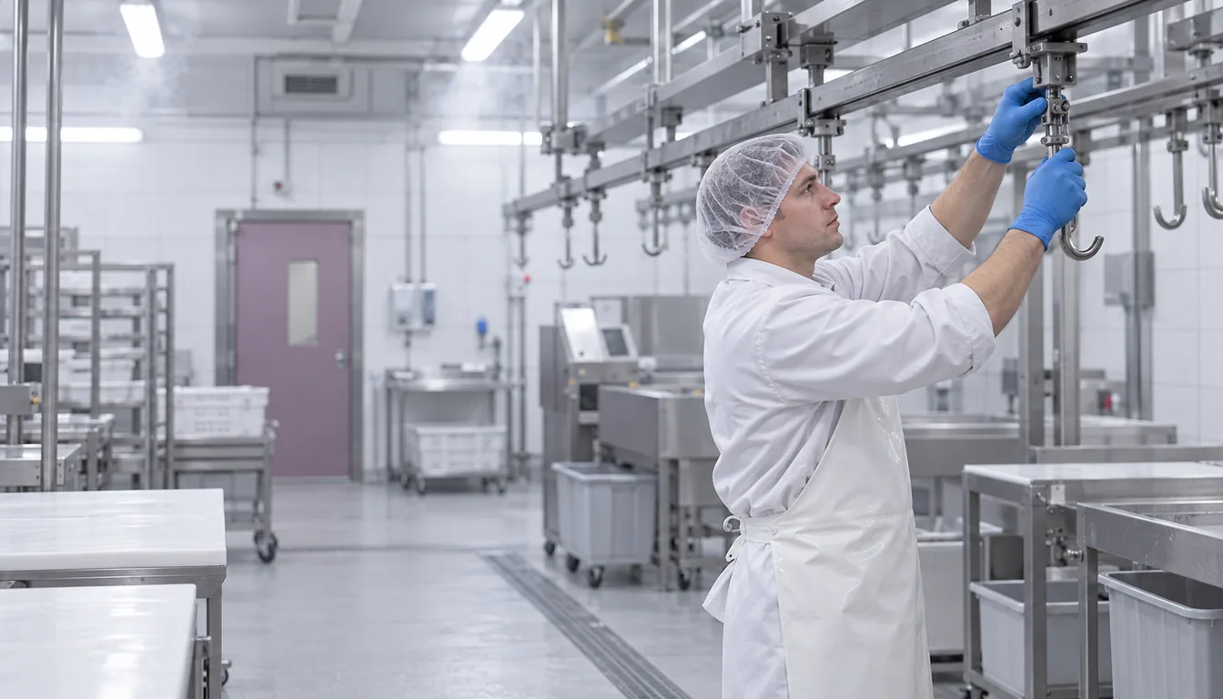 Exosquelette en agroalimentaire : travail bras levés sur rail de découpe (NovaFree) Opérateur en tenue d'hygiène qui travaille bras levés sur un rail de découpe, atelier carrelé