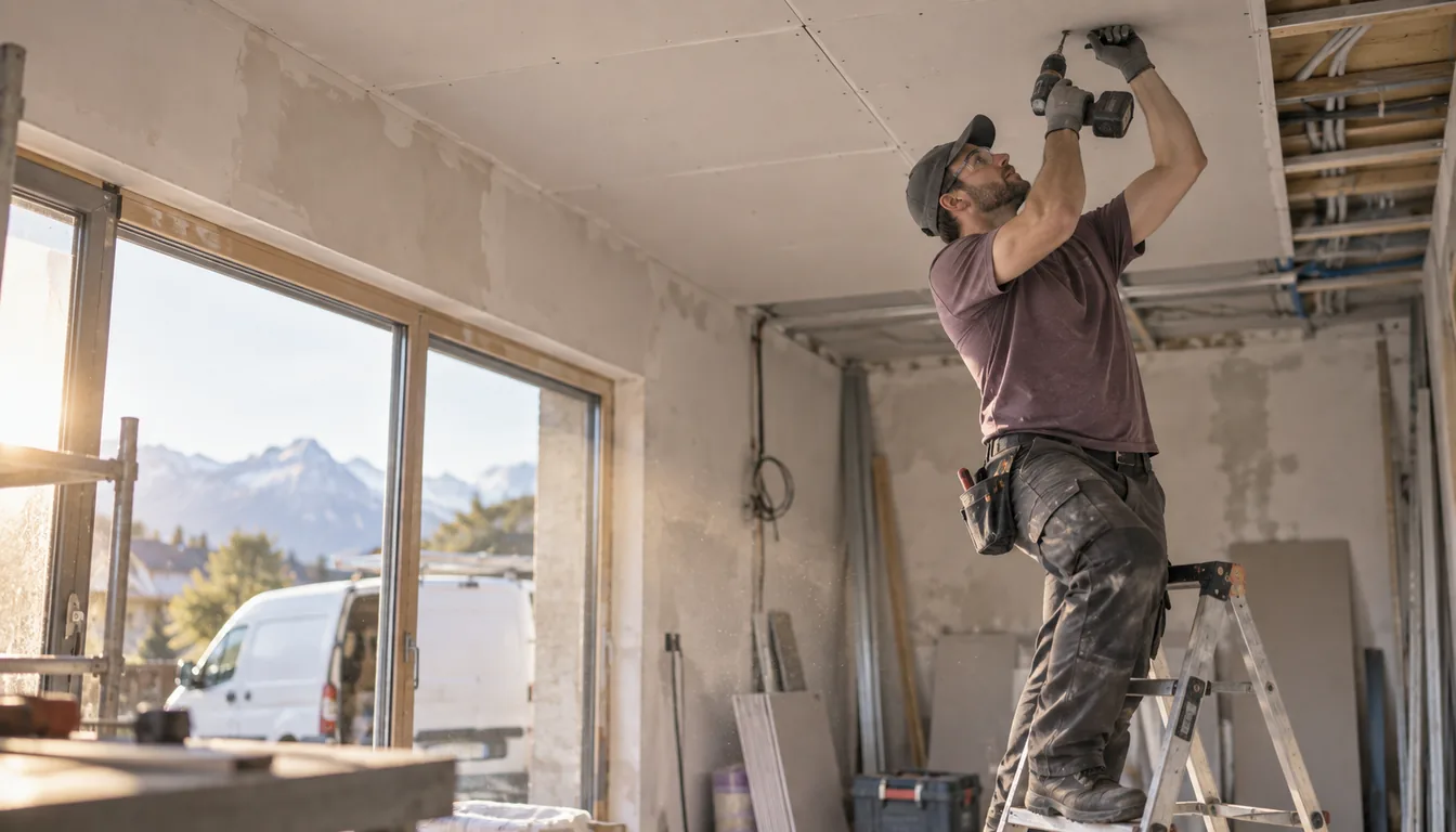Artisan qui visse une plaque au plafond, bras entièrement levés, sur un escabeau dans un logement en rénovation