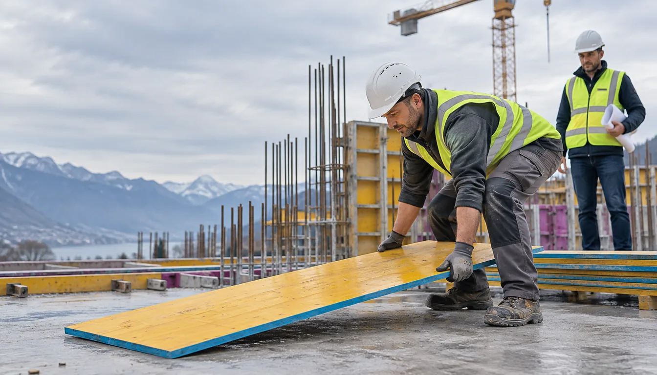 Exosquelette chantier : un coffrage repris au sol sur un chantier (NovaFree) Coffreur qui reprend un panneau de coffrage au sol, un conducteur de travaux qui observe le geste