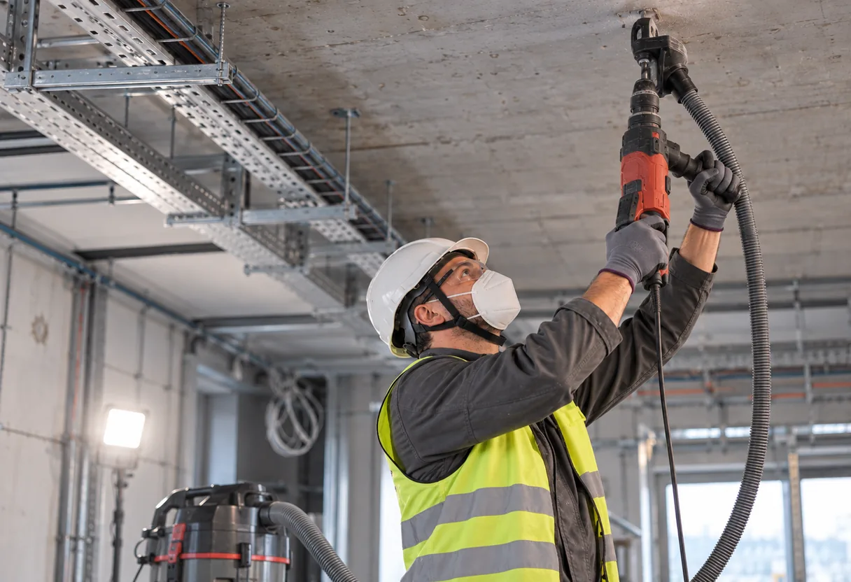 Perçage en hauteur : l'outil tenu à bout de bras Électricien qui perce un plafond béton, perforateur tenu à deux mains au-dessus de la tête