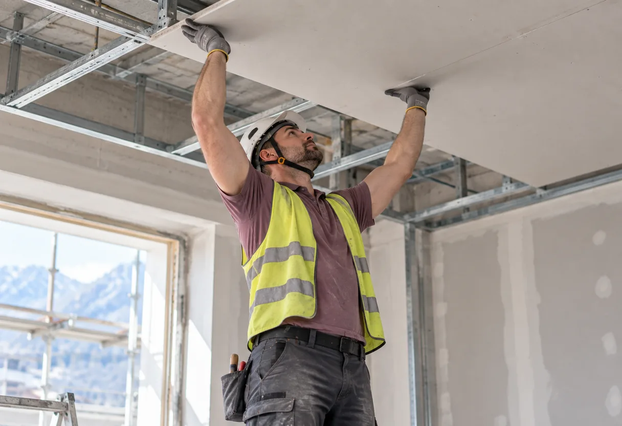 Pose en plafond : les bras tenus au-dessus des épaules Plâtrier qui maintient une plaque au plafond, les deux bras au-dessus des épaules et la nuque en extension