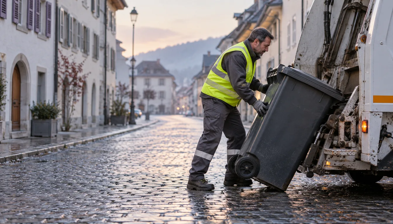 Exosquelette en commune : collecte des déchets, reprise de conteneur (NovaFree) Agent de voirie qui soulève un conteneur roulant vers la benne d'un camion de collecte, buste fléchi