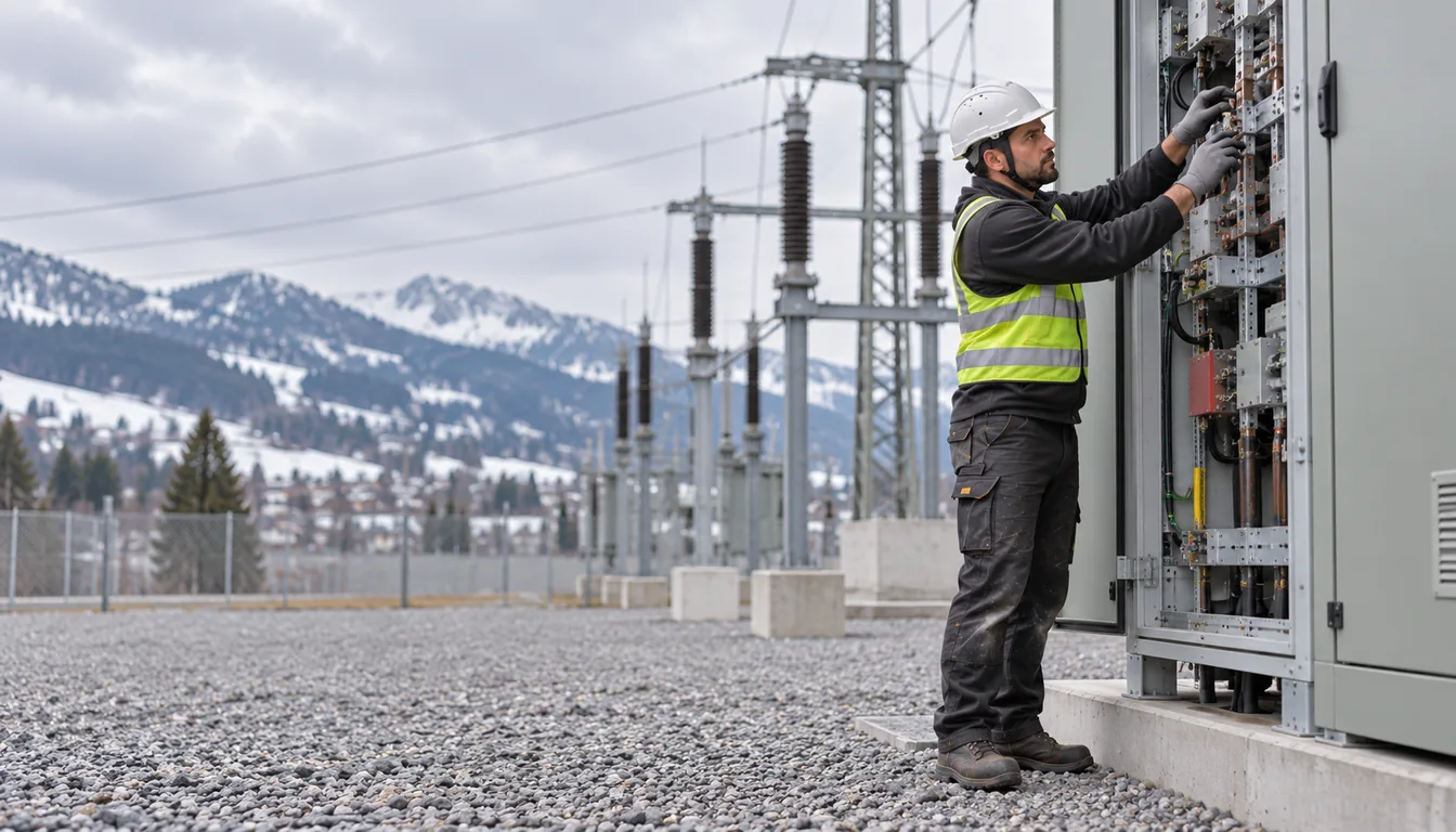 Exosquelette dans l'énergie : maintenance de réseau, bras levés (NovaFree) Technicien de réseau qui travaille bras levés sur une armoire haute d'un poste électrique extérieur