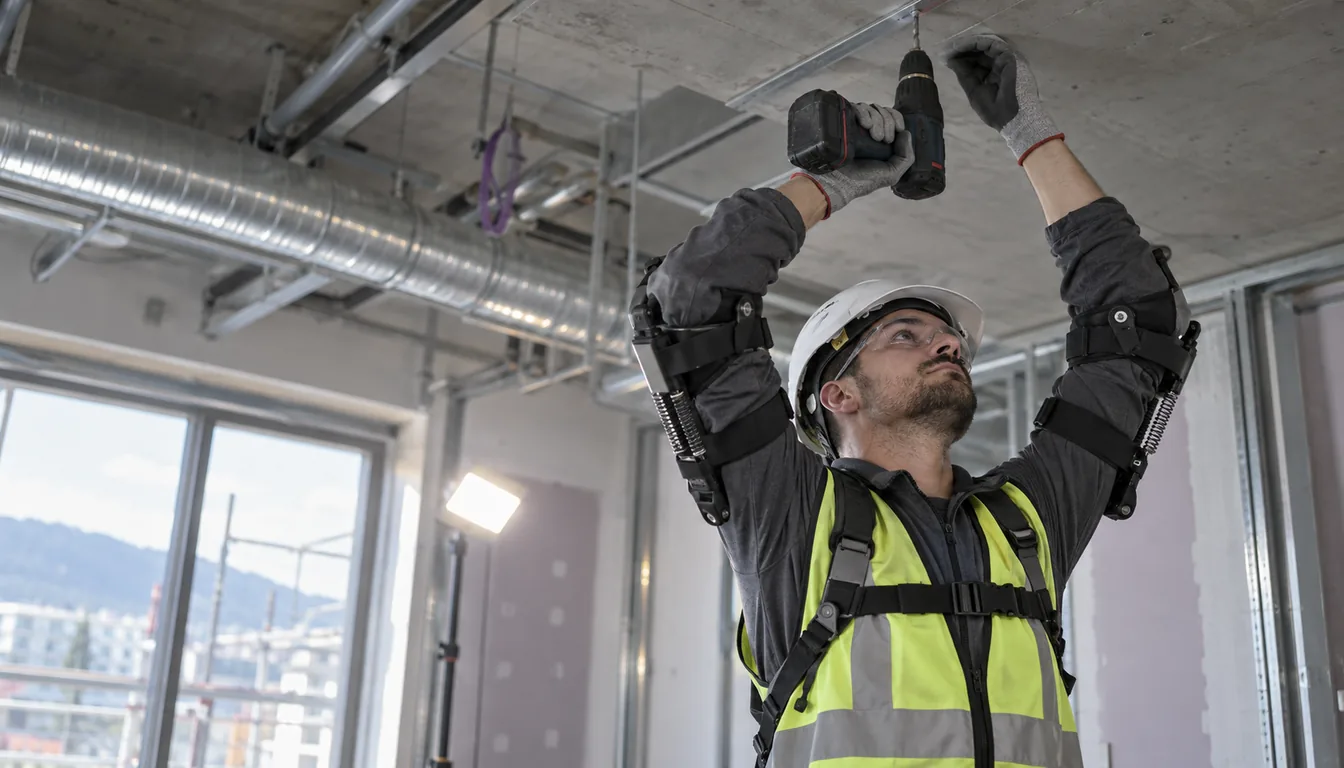 Opérateur équipé d'un exosquelette d'épaules, vissant au plafond sur un chantier de second œuvre
