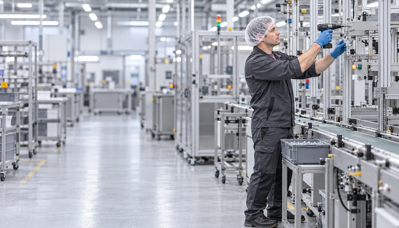 Exosquelette dans l'industrie : poste d'assemblage bras levés (NovaFree) Opérateur d'assemblage qui visse une pièce bras levés à hauteur d'épaule, devant un convoyeur à bande