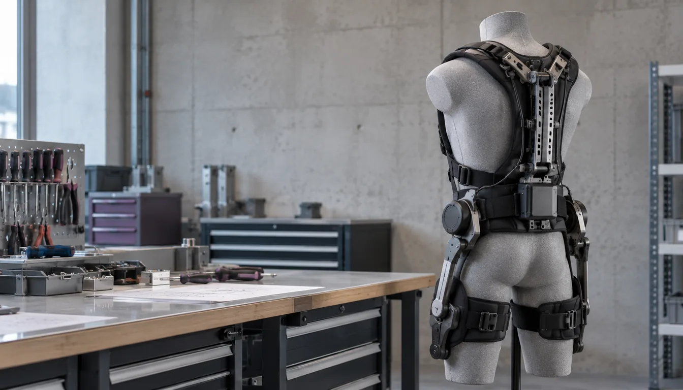 Exosquelette militaire : structure d'essai en atelier de prototypage (NovaFree) Structure portée posée sur un mannequin d'essai sans visage, dans un atelier de prototypage neutre