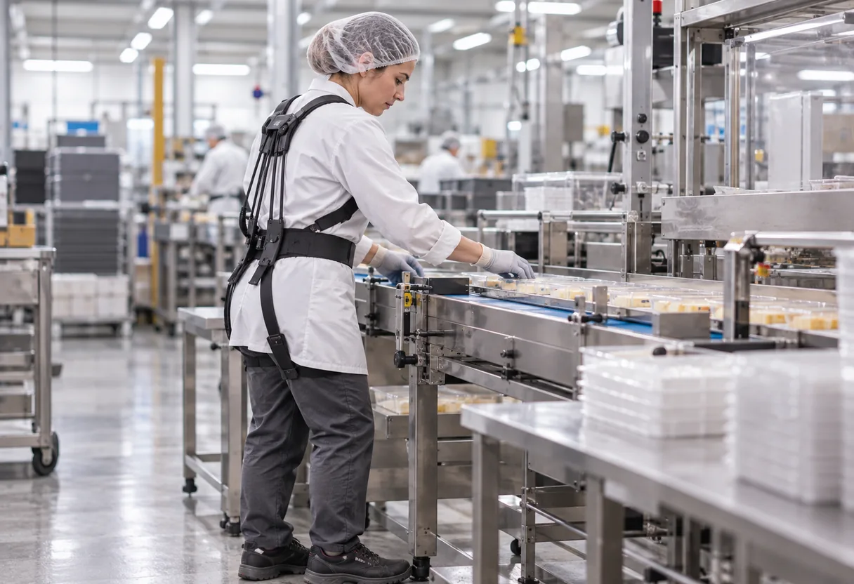 Exosquelette passif au poste : la famille de prix la plus répandue en Suisse Opératrice équipée d'un exosquelette passif à élastiques sur une ligne de conditionnement