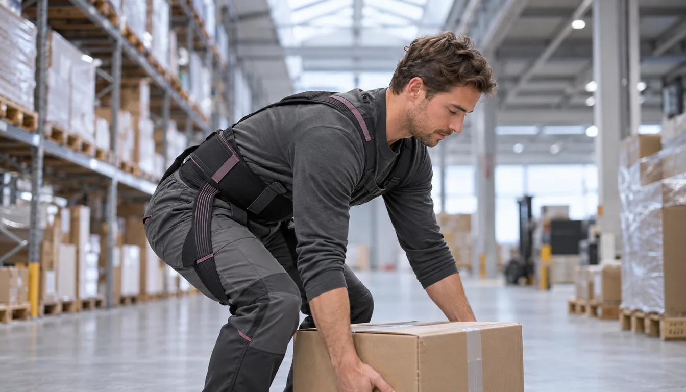 Exosquelette passif au poste de travail en Suisse (NovaFree) Opérateur de logistique portant un exosquelette passif textile lors d'une reprise de charge au sol