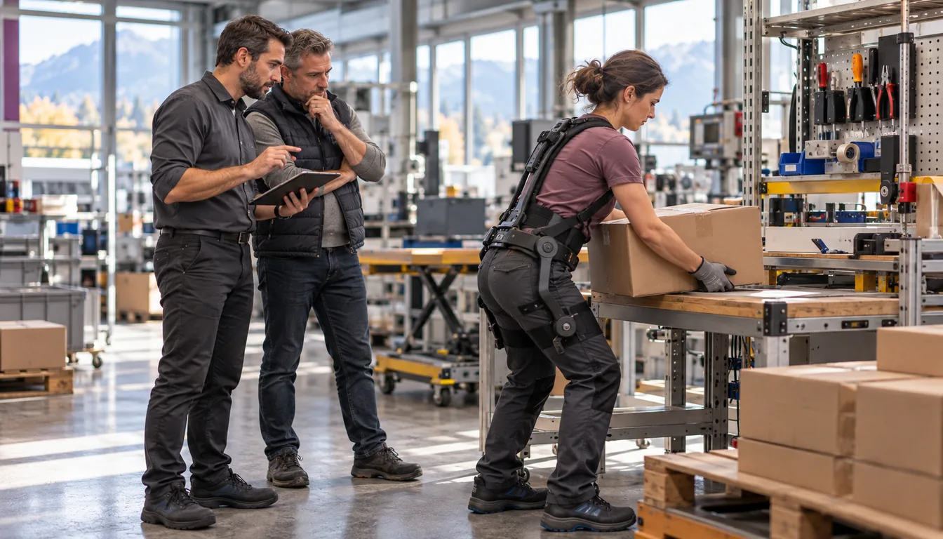 Conseiller NovaFree et responsable de production observant une opératrice équipée d'un exosquelette à son poste, dans un atelier suisse
