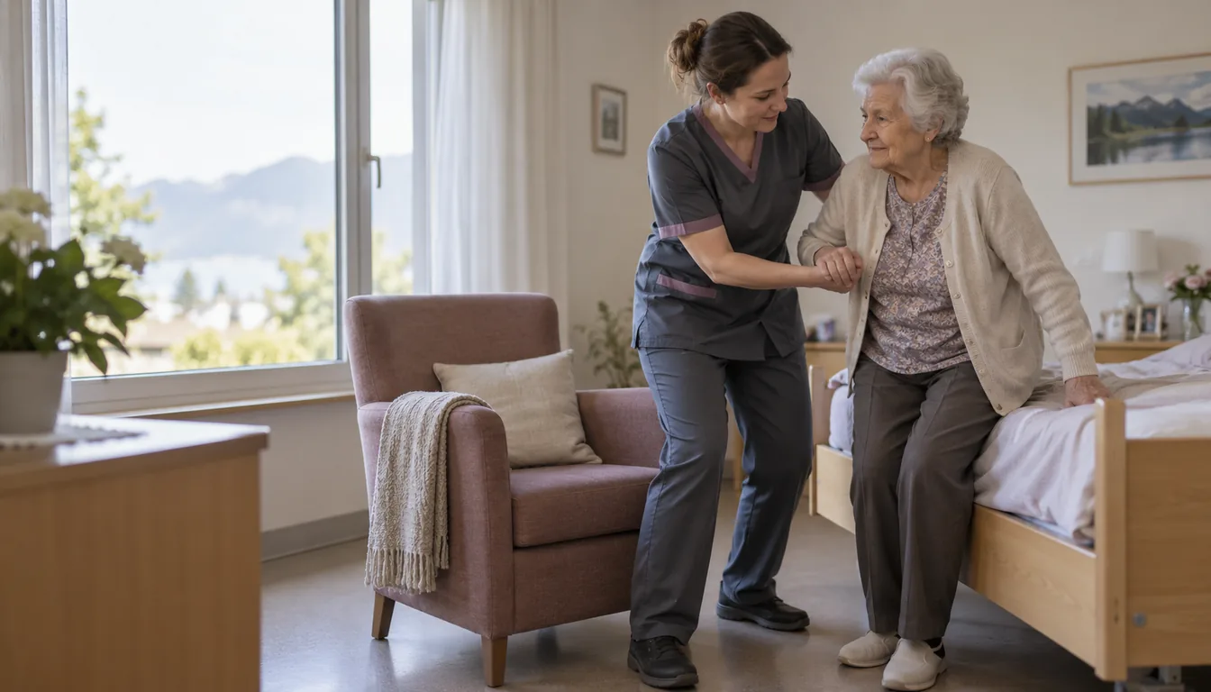 Soignante qui accompagne le transfert d'une personne âgée du lit vers un fauteuil