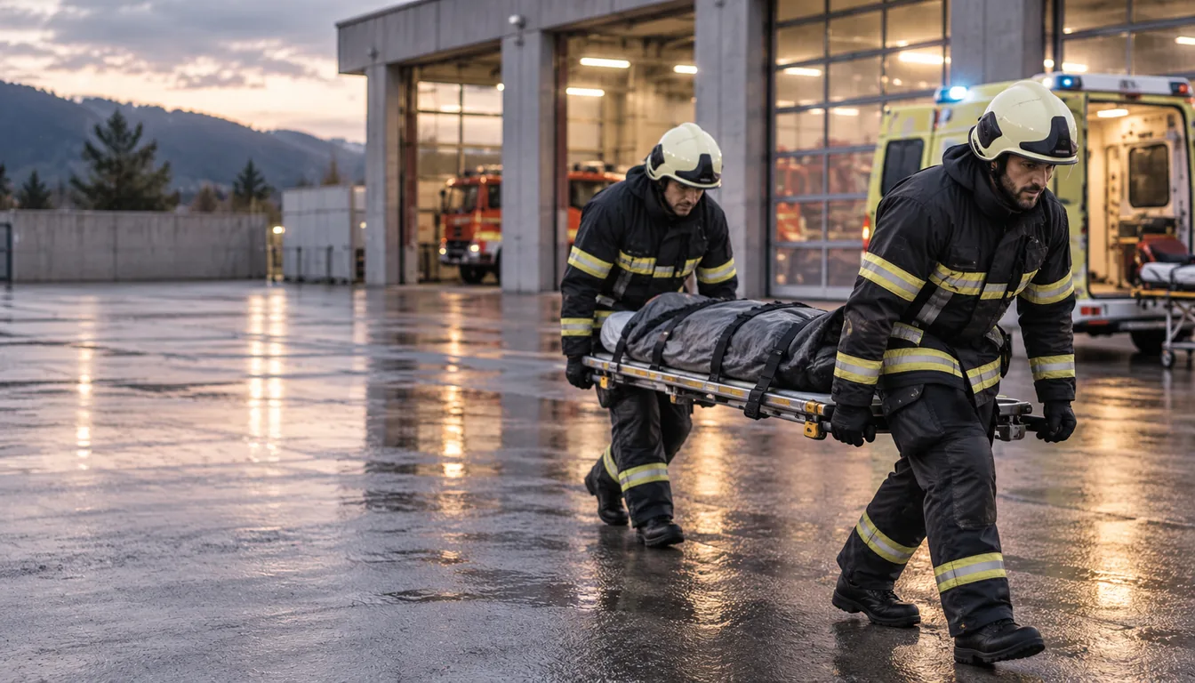 Exosquelette et secours : brancardage en cour de caserne (NovaFree) Deux sapeurs-pompiers qui portent un brancard chargé dans une cour de caserne, buste fléchi