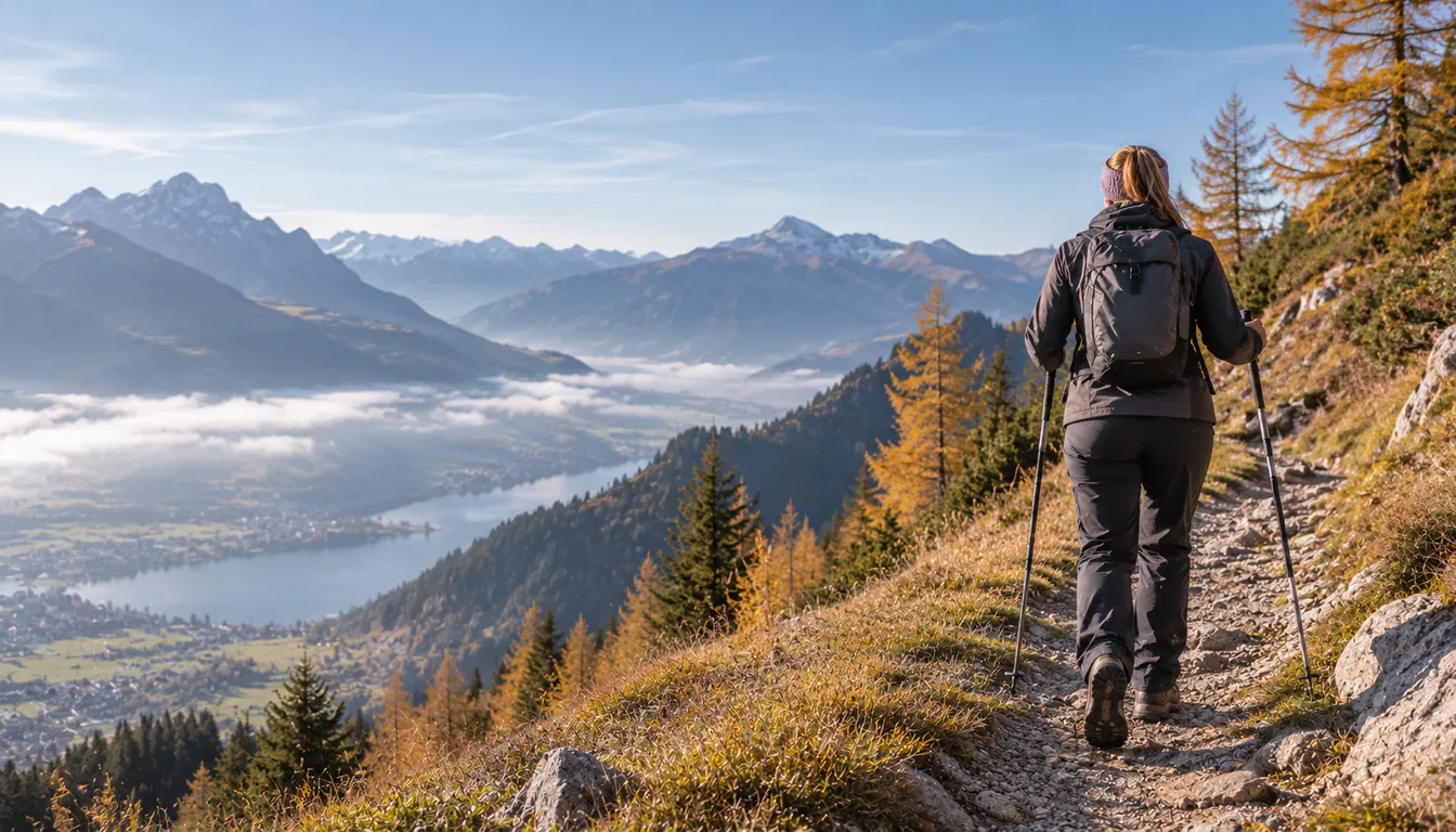Exosquelette de loisir : randonnée en montagne, sans dispositif porté (NovaFree) Randonneuse vue de dos sur un sentier de montagne, sac léger et bâtons de marche, vallée en contrebas