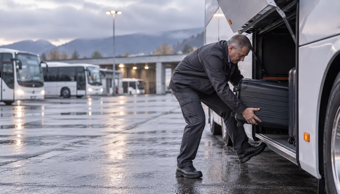 Exosquelette dans les transports : chargement de soute (NovaFree) Conducteur qui charge un bagage volumineux dans la soute latérale d'un autocar, buste fléchi