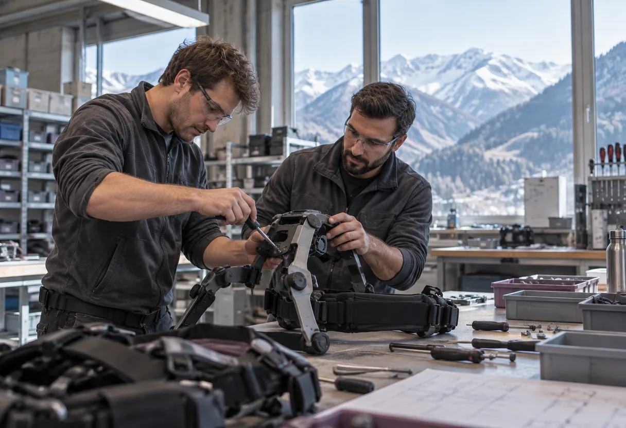 Conception suisse d'exosquelettes : atelier de montage en Valais Atelier de montage suisse, halle de montagne, deux techniciens assemblant une structure d'assistance sur un établi