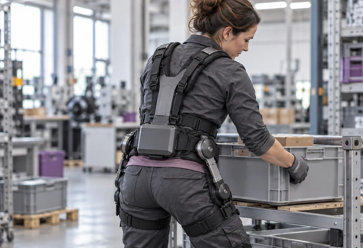 Famille des exosquelettes motorisés : l'assistance électrique au poste Opératrice d'atelier équipée d'une structure d'assistance motorisée, batterie portée à la ceinture, pendant un cycle de manutention