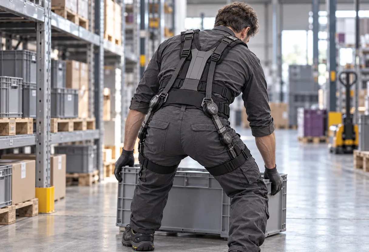 Famille des exosquelettes passifs de dos et de tronc : la structure vue de dos Opérateur vu de dos, penché vers une caisse au sol, dont la structure passive dorsale se tend le long de la colonne