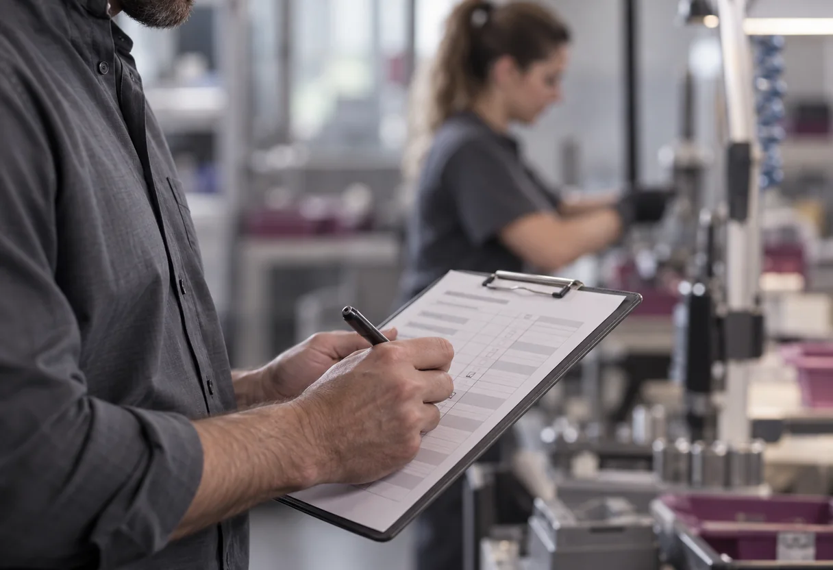 Conseiller en ergonomie remplissant une grille d'évaluation des contraintes physiques pendant qu'un opérateur travaille à son poste