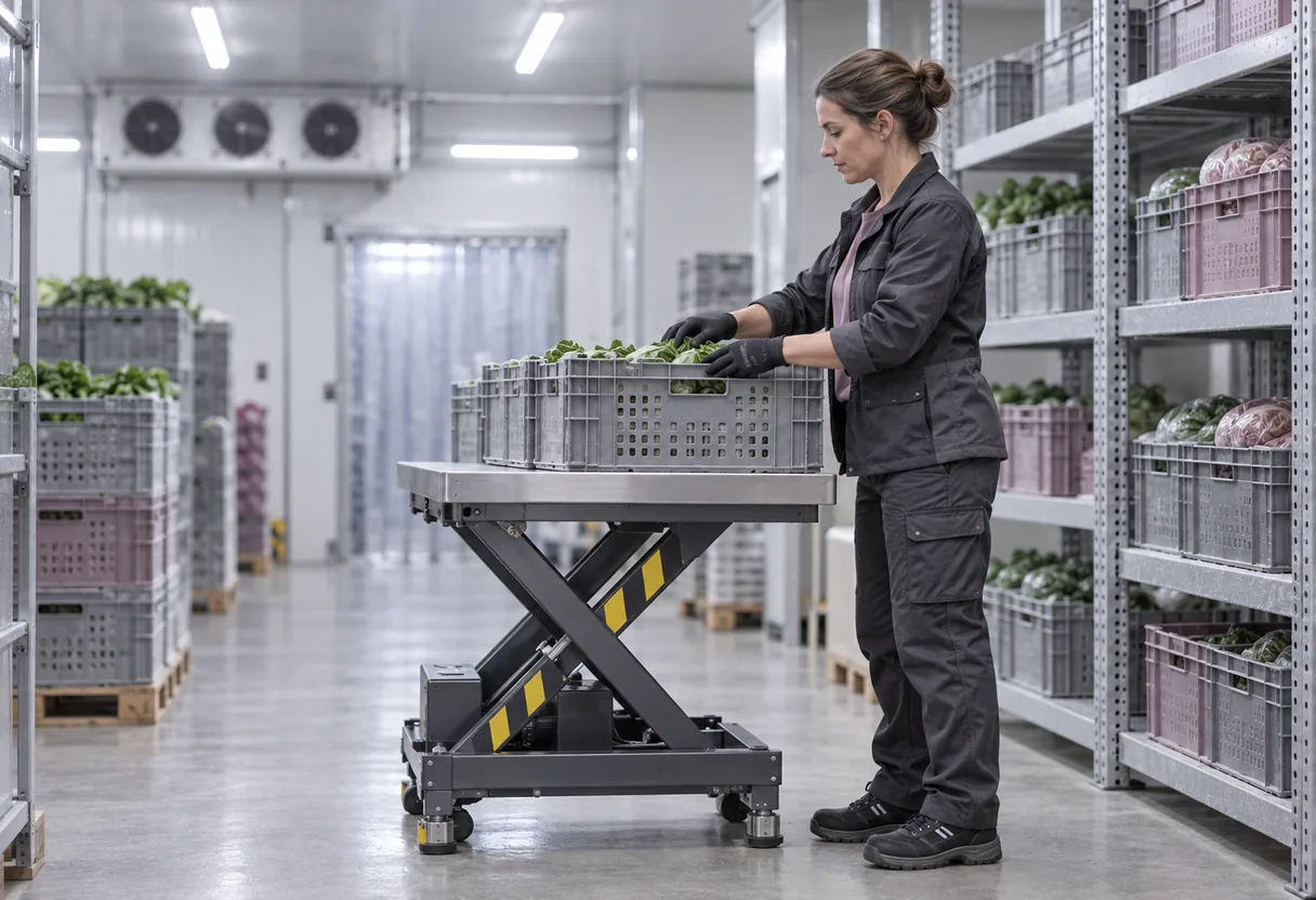 Poste de manutention réaménagé avec une table élévatrice, avant tout équipement individuel des collaborateurs