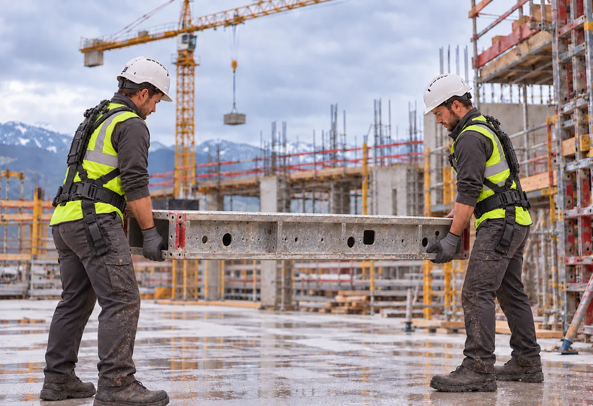 Deux ouvriers équipés d'exosquelettes portant une poutre sur un chantier à durée déterminée, situation typique d'un besoin borné dans le temps