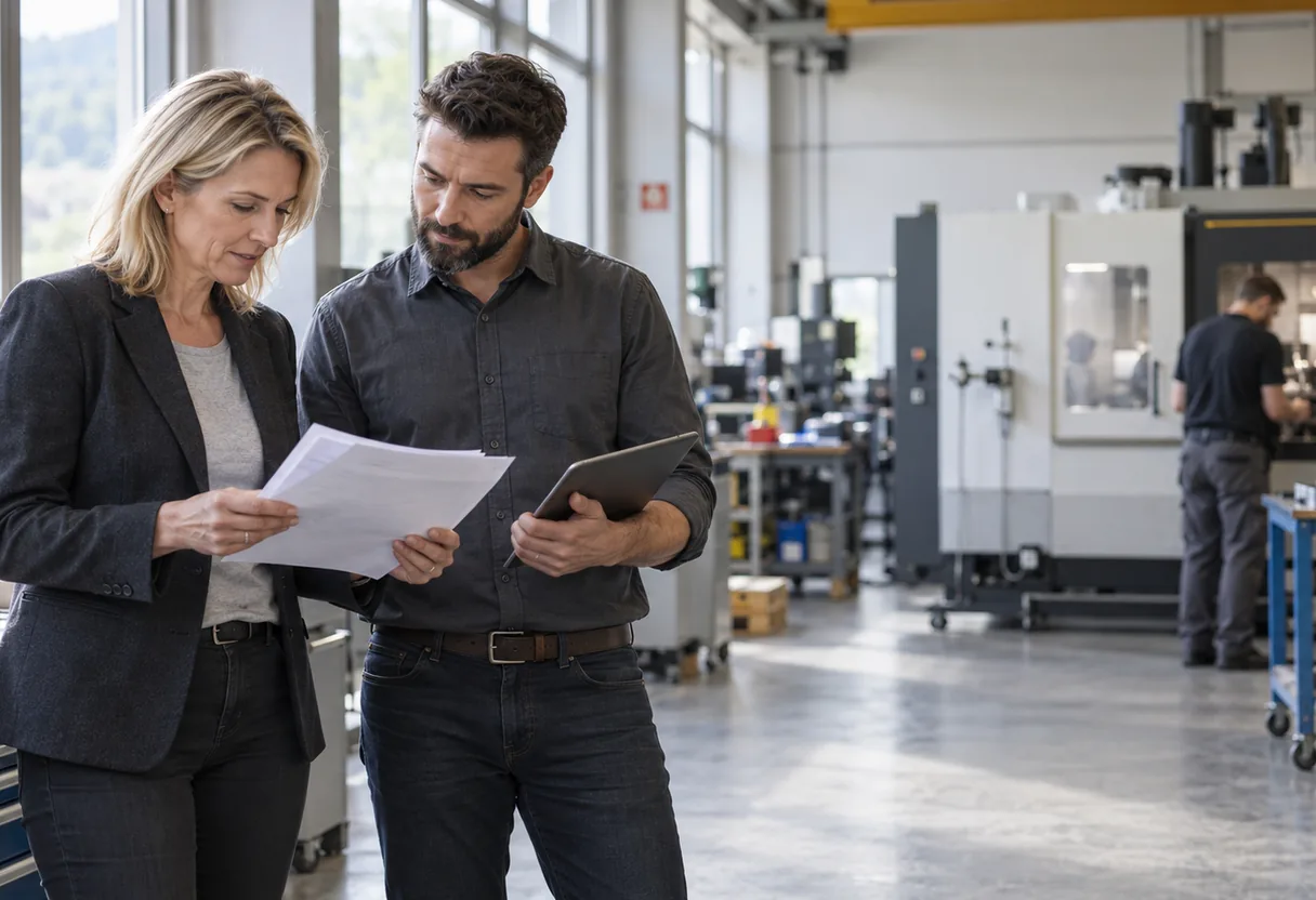 Loi sur le travail et OLT 3 : les articles qui touchent l'ergonomie Responsable des ressources humaines et conseiller en ergonomie relisant les articles de l'OLT 3 devant un poste de travail