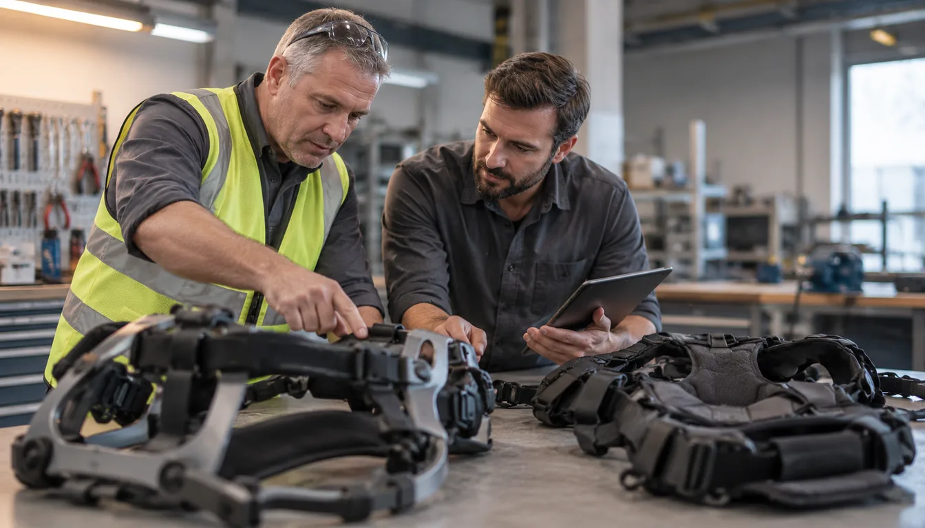 Marques d'exosquelettes en Suisse : comparer sans rien vendre (NovaFree) Responsable sécurité et conseiller NovaFree comparant deux types d'équipement d'assistance au poste de travail