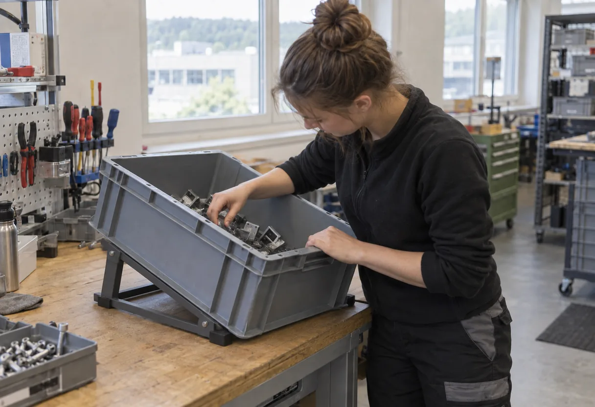 Après l'aménagement : le basculeur incline le bac et amène le contenu à la main Le même bac posé sur un support basculeur qui l'incline vers l'opératrice, le contenu vient à hauteur de main