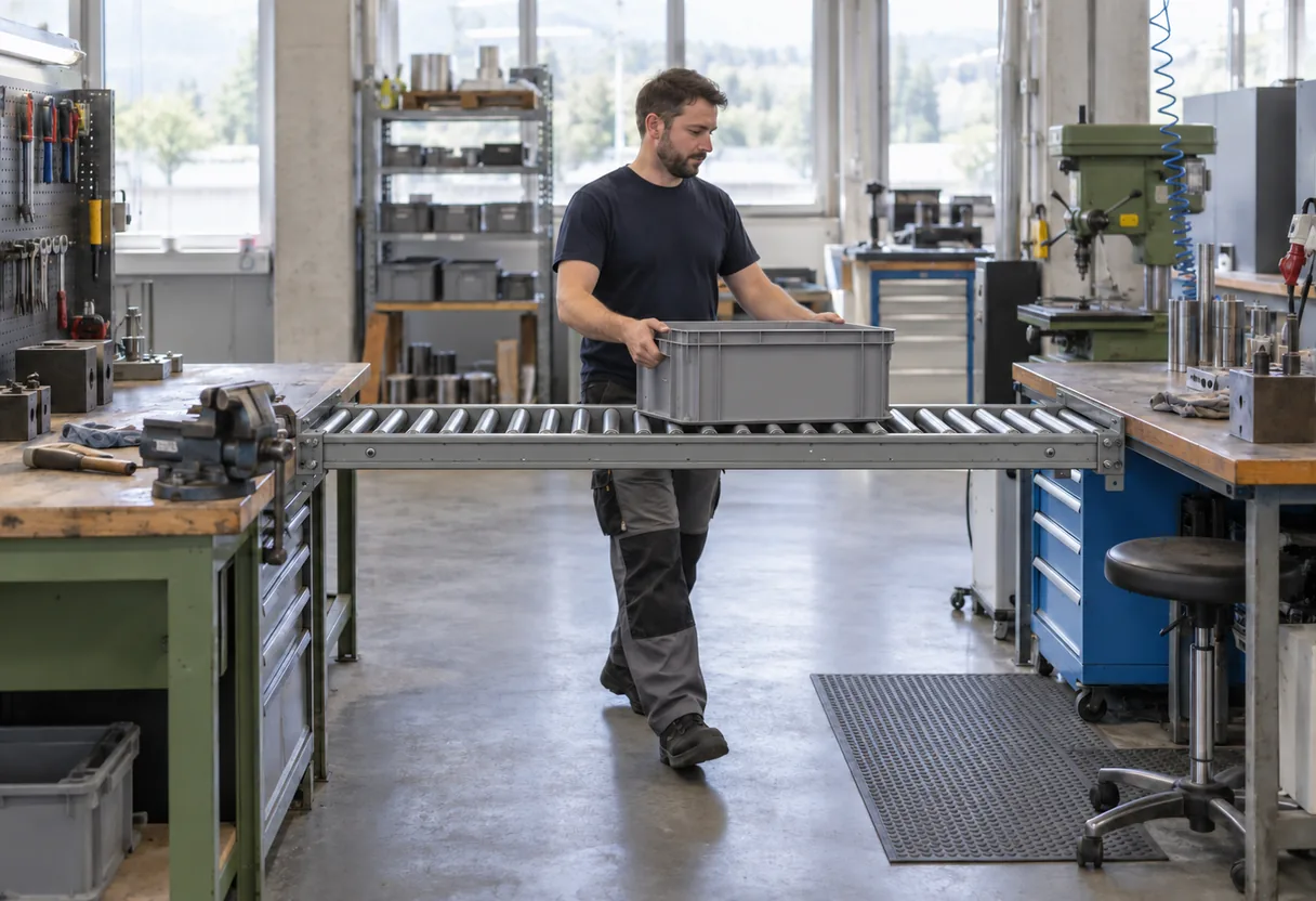 Après l'aménagement : un rail à rouleaux relie les deux postes Rail à rouleaux gravitaire reliant deux postes d'atelier, le bac glisse d'un poste à l'autre sans être porté