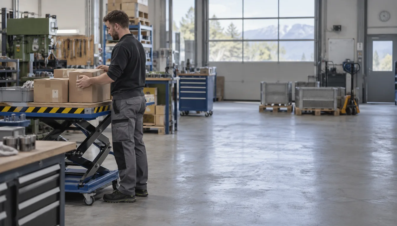 Mesures techniques de prévention : équiper la tâche avant la personne (NovaFree) Table élévatrice amenant la charge à hauteur de prise dans un atelier suisse romand