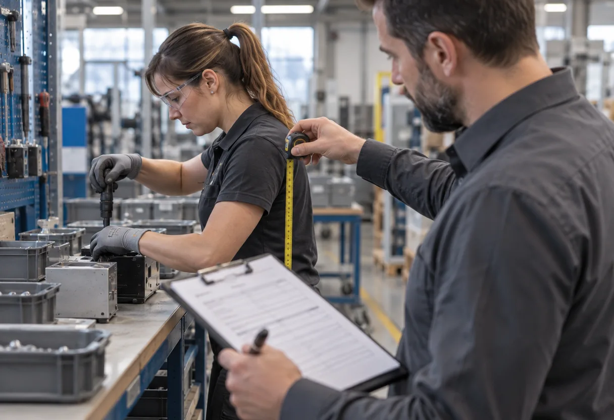 Ergonome-conseil relevant angles et charges sur un poste de production, grille d'évaluation à la main
