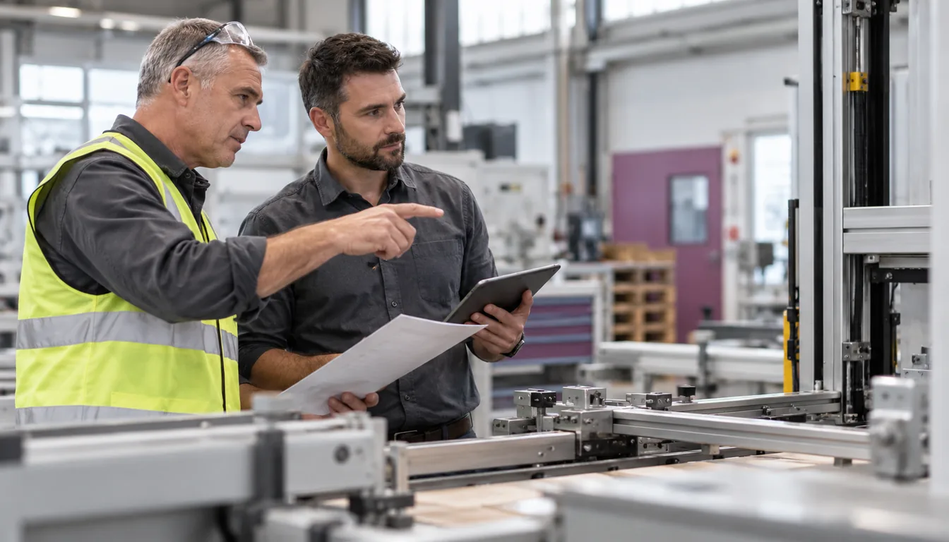 MSST : la directive CFST 6508 au poste de travail (NovaFree) Responsable sécurité et conseiller NovaFree devant un poste de production, liste de contrôle des dangers à la main