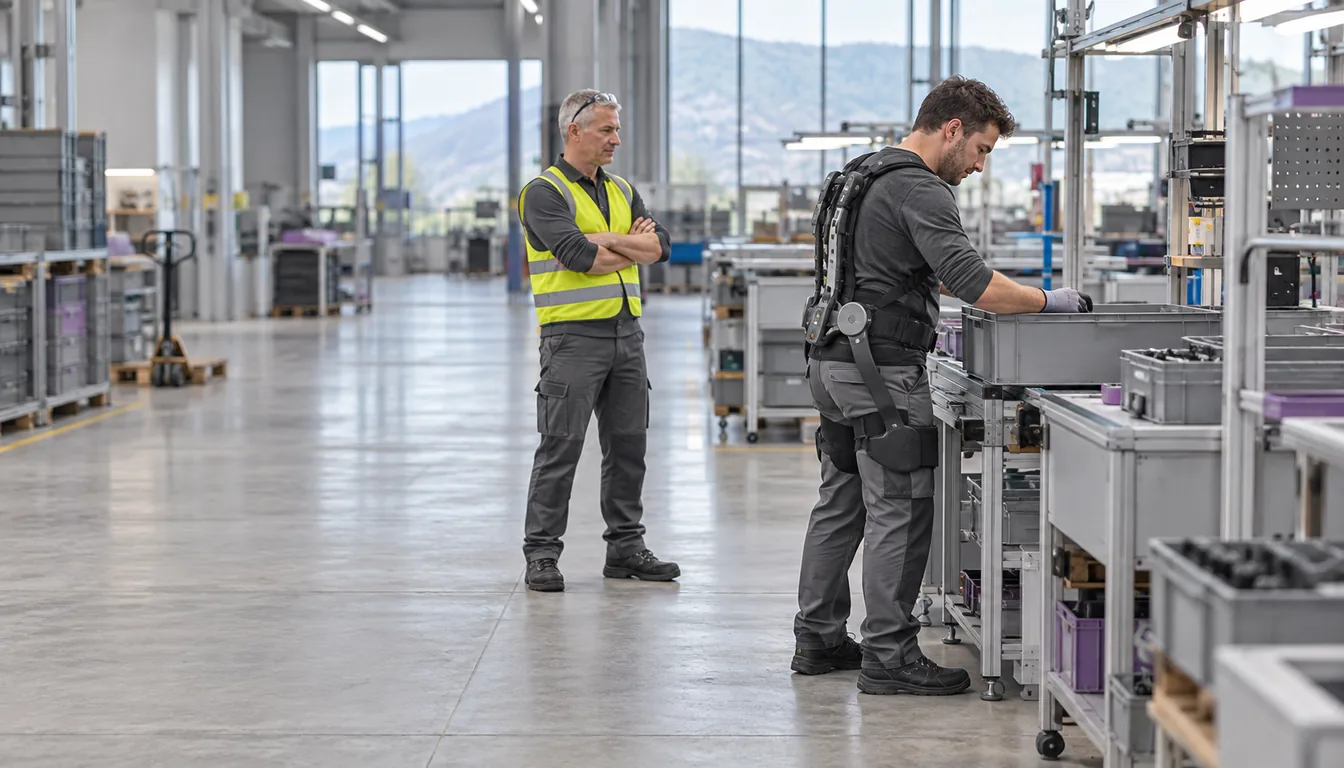 Responsable sécurité en entreprise observant un opérateur équipé d'un exosquelette dorsal à son poste de production