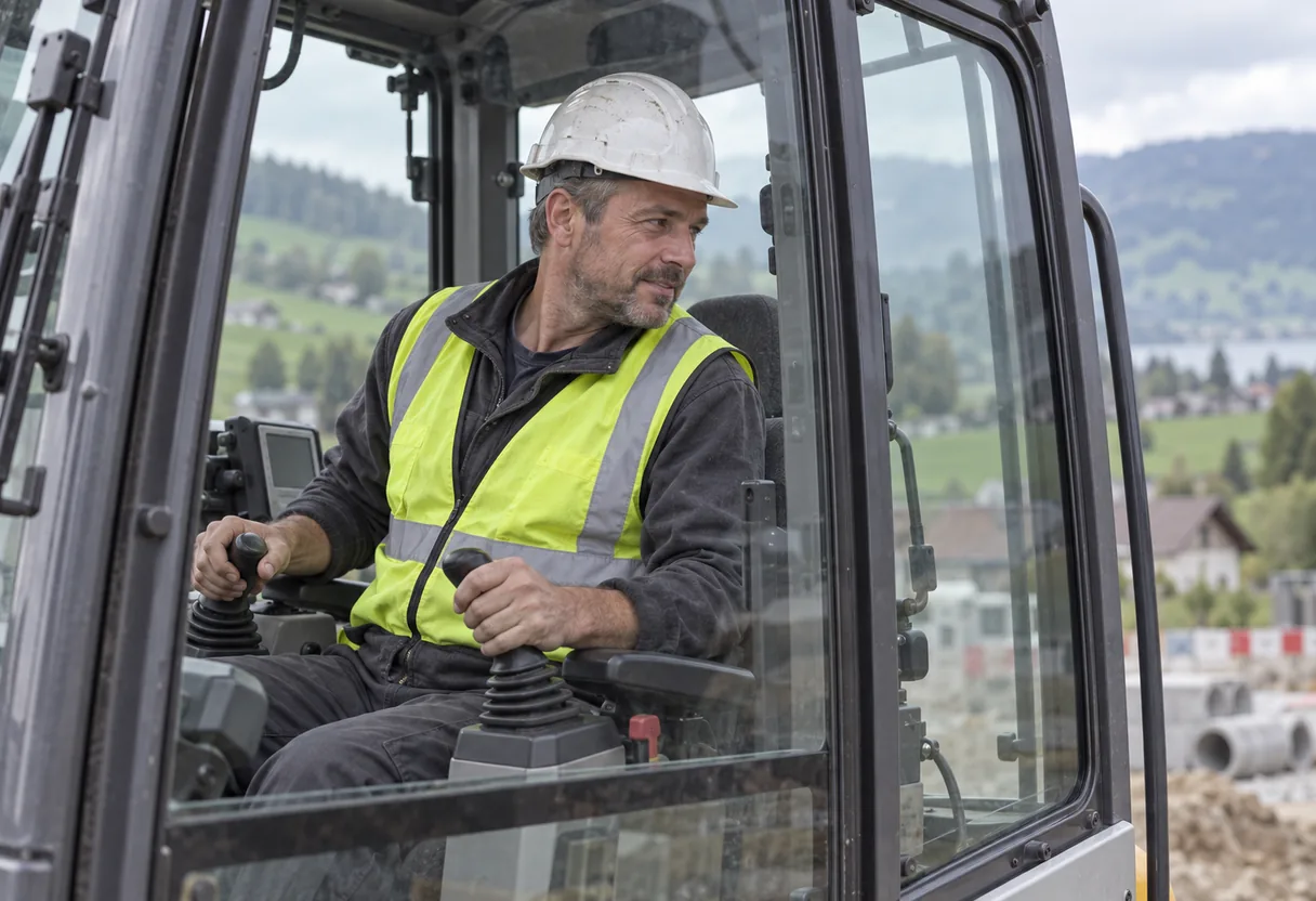 Un lieu de travail qui se déplace : la cabine d'engin sur un chantier Conducteur d'engin à son poste dans une cabine, sur un chantier en Suisse, observé en cours de manœuvre